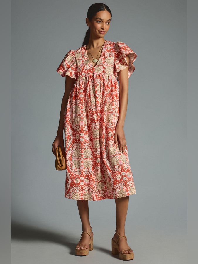 Anthropologie Maeve Pink Orange Geometric Floral Flutter Sleeve Babydoll Dress